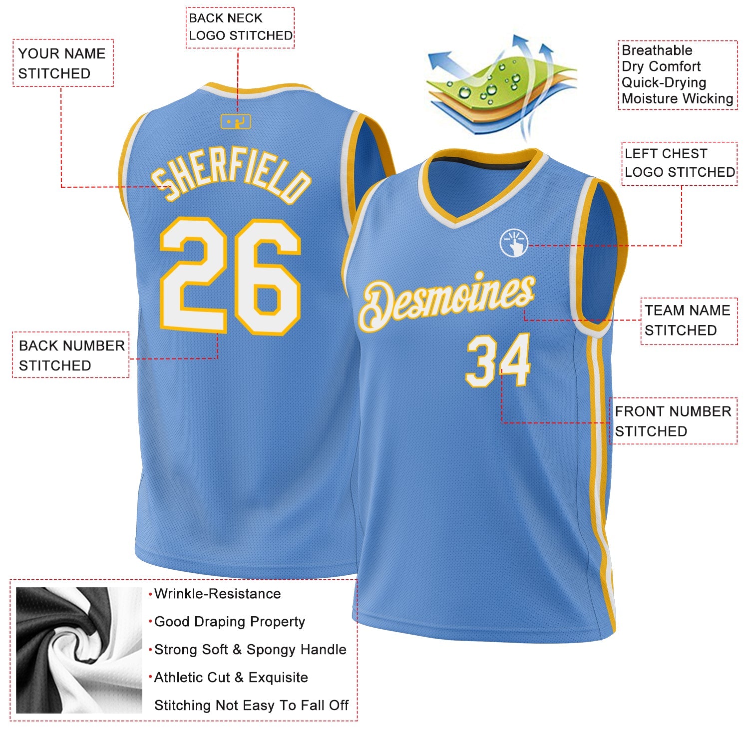 Custom Light Blue White-Gold Authentic Throwback Basketball Jersey view 3