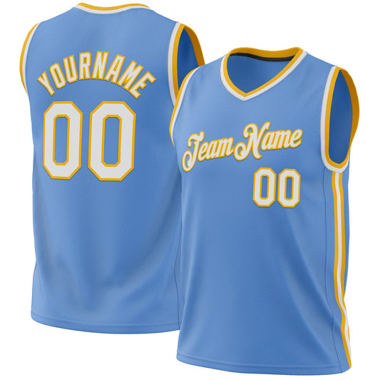 Custom Light Blue White-Gold Authentic Throwback Basketball Jersey - Main View
