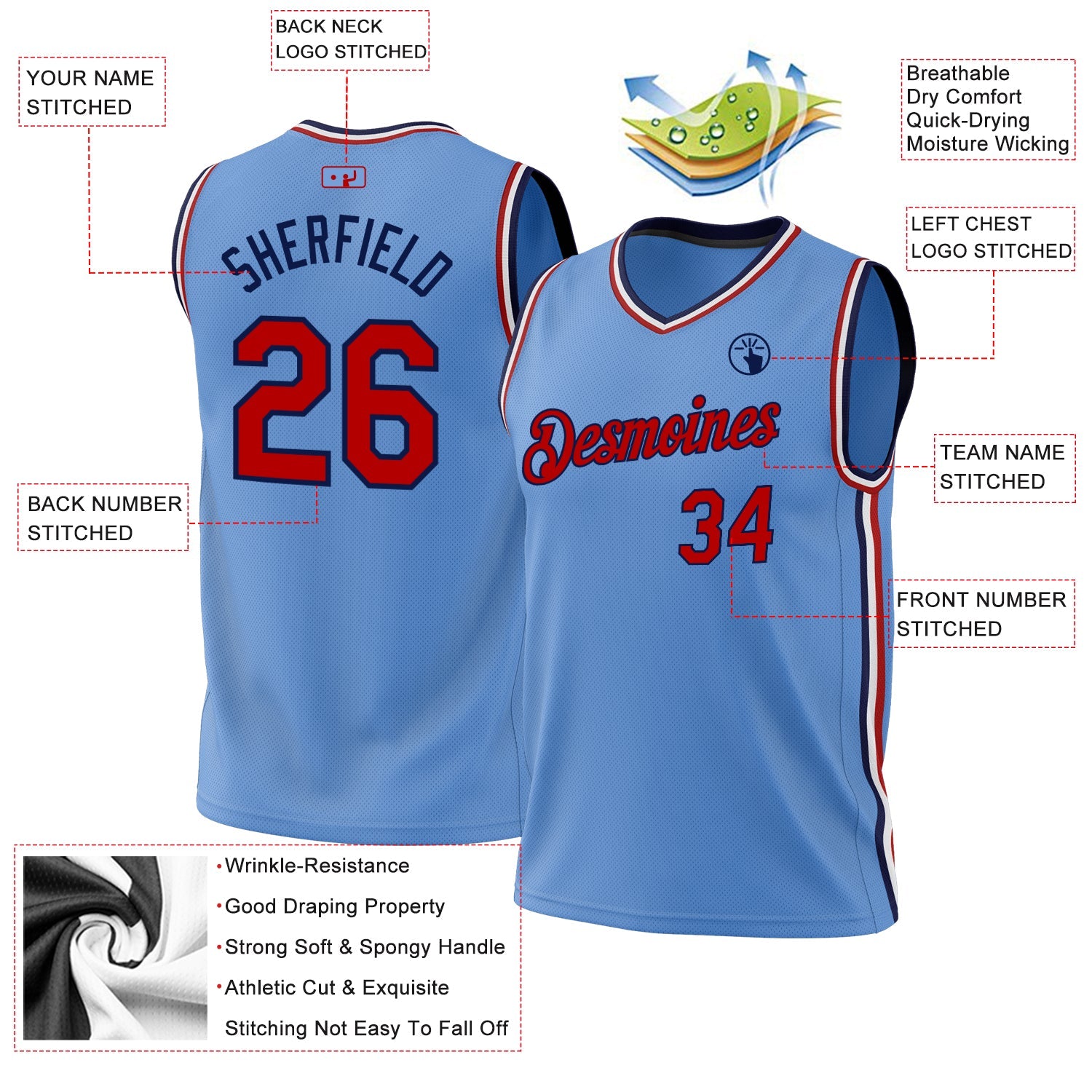 Custom Light Blue Red-Navy Authentic Throwback Basketball Jersey view 3