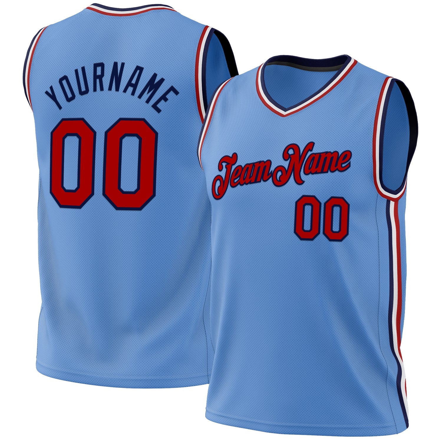Custom Light Blue Red-Navy Authentic Throwback Basketball Jersey - Main View