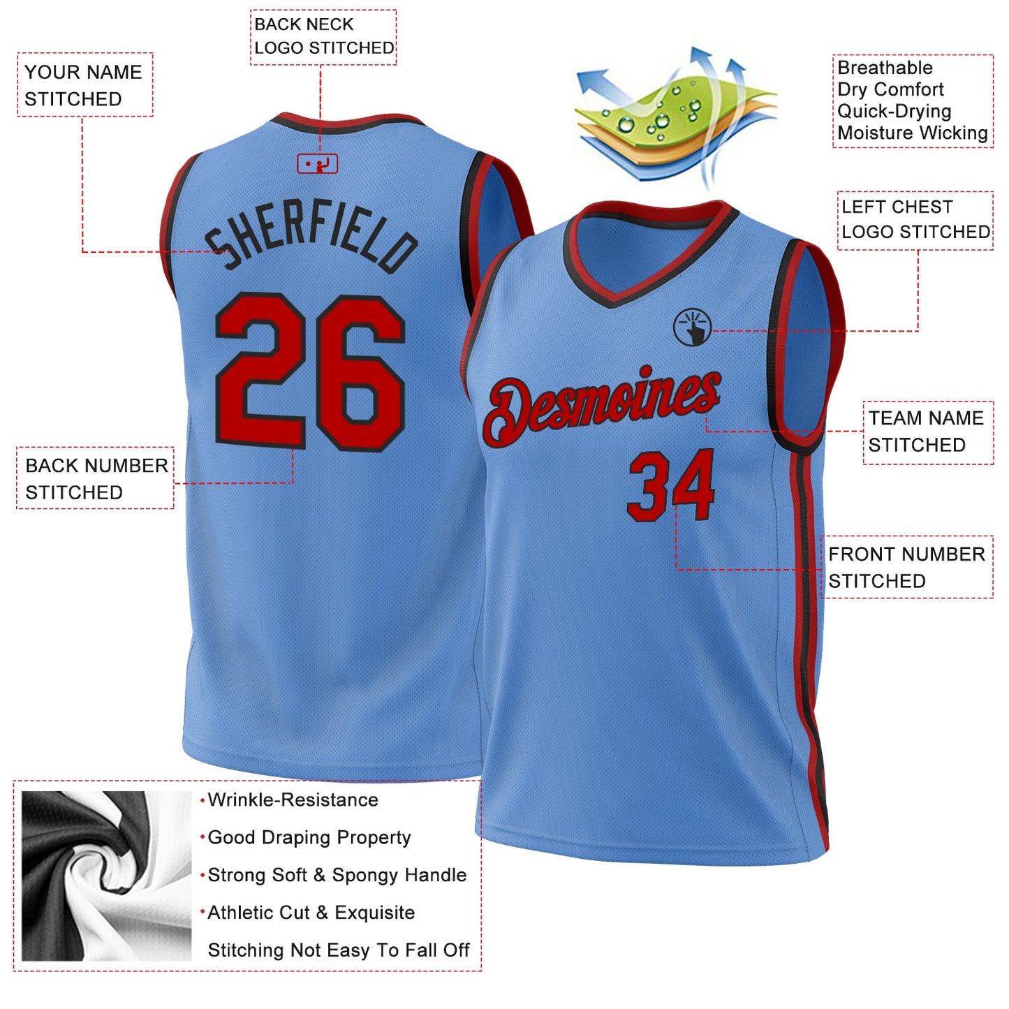 Custom Light Blue Red-Black Authentic Throwback Basketball Jersey view 3