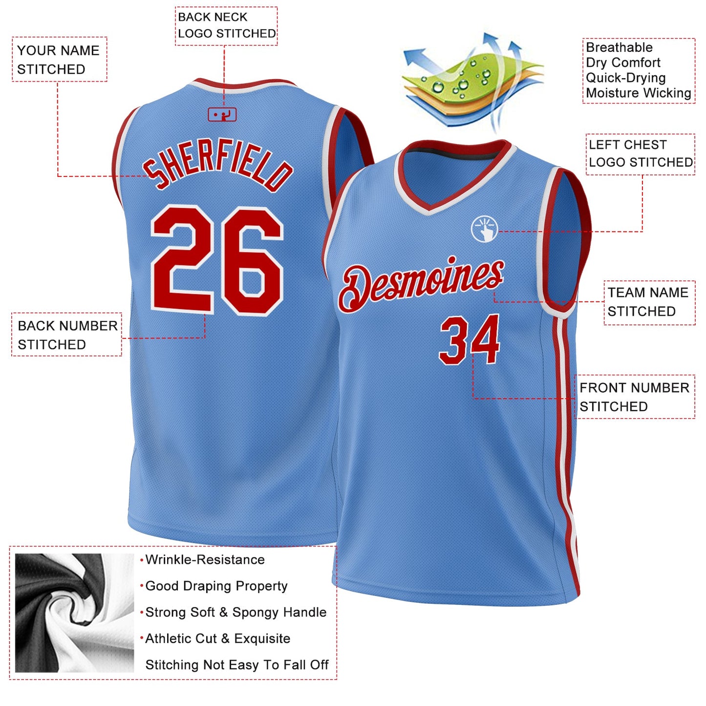 Custom Light Blue Red-White Authentic Throwback Basketball Jersey view 3