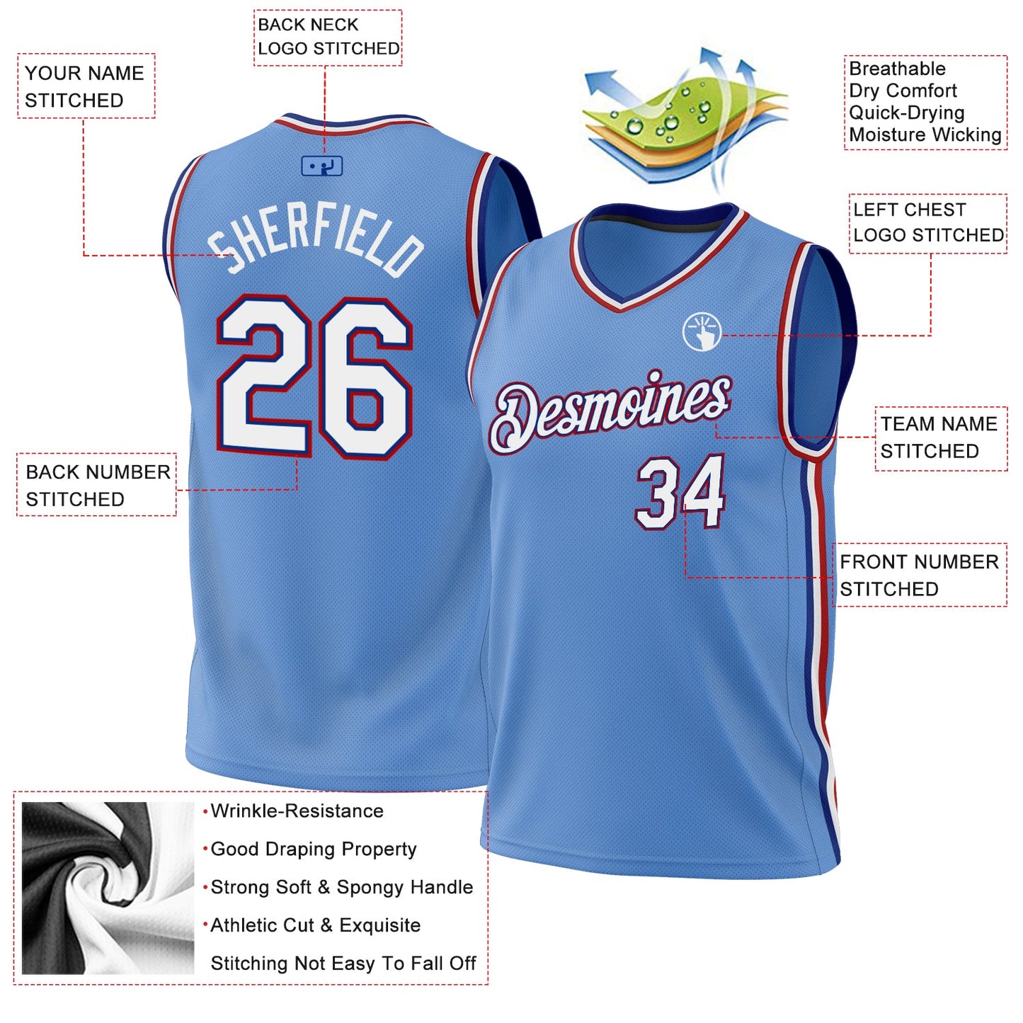 Custom Light Blue Royal-Red Authentic Throwback Basketball Jersey view 3