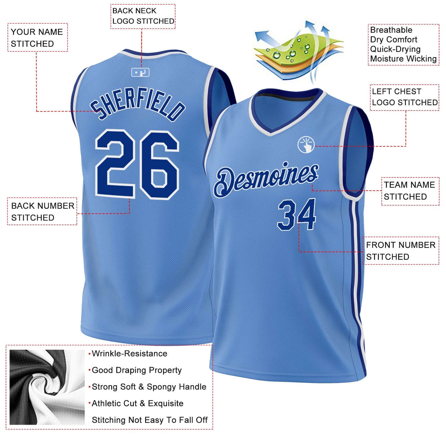 Custom Light Blue Royal-White Authentic Throwback Basketball Jersey view 3