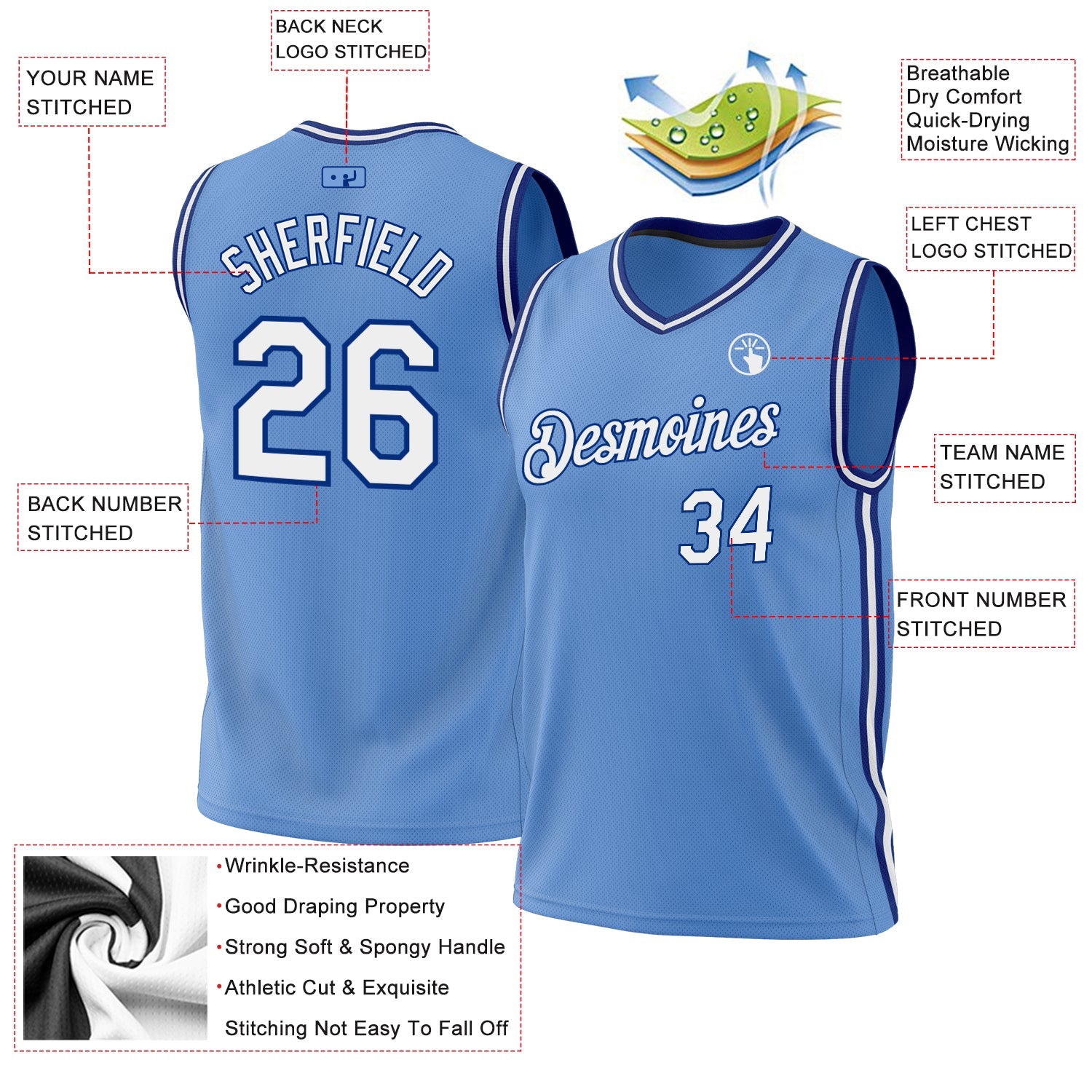 Custom Light Blue White-Royal Authentic Throwback Basketball Jersey view 3