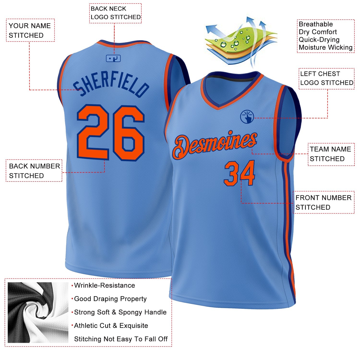 Custom Light Blue Orange-Royal Authentic Throwback Basketball Jersey view 3