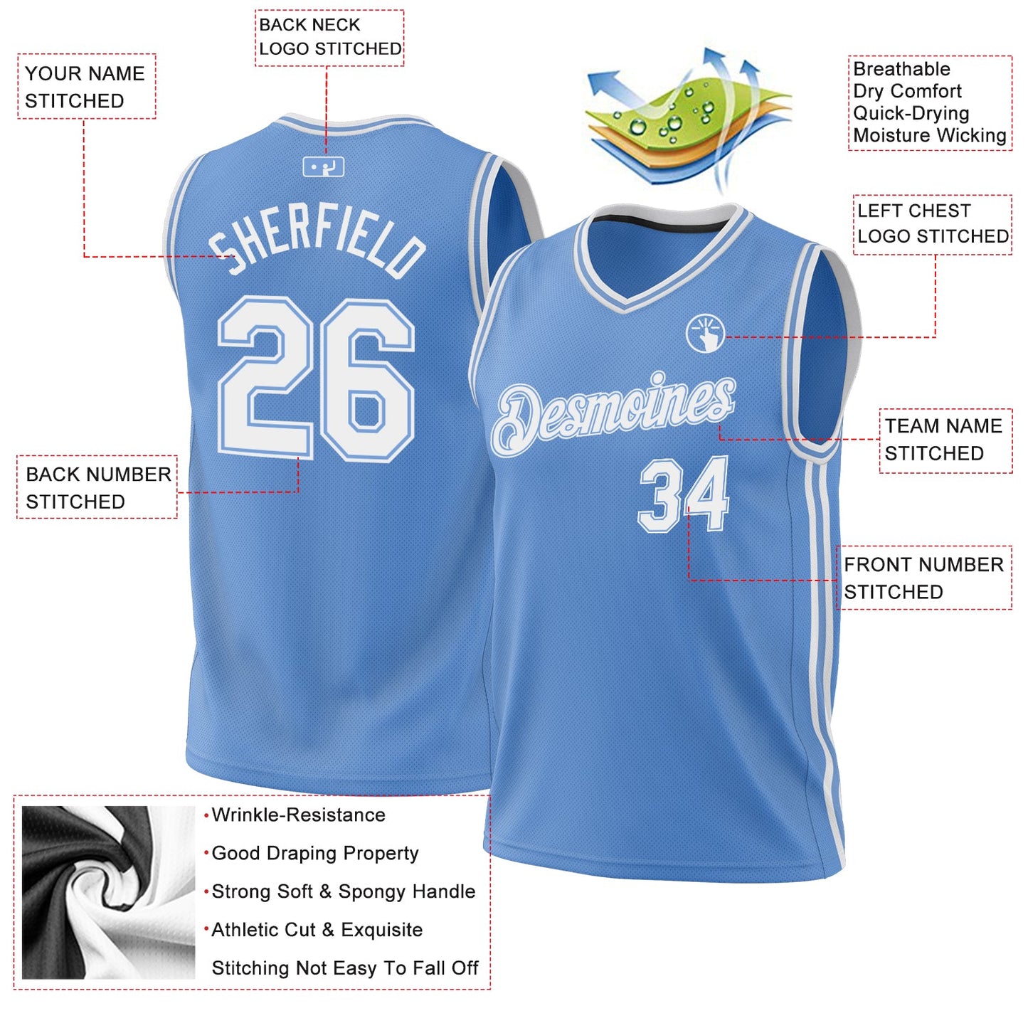 Custom Light Blue White-Light Blue Authentic Throwback Basketball Jersey view 3