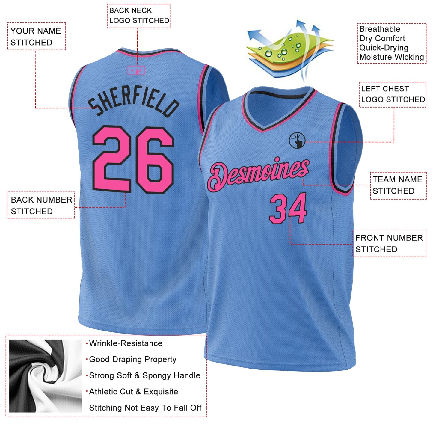 Custom Light Blue Pink-Black Authentic Throwback Basketball Jersey view 3