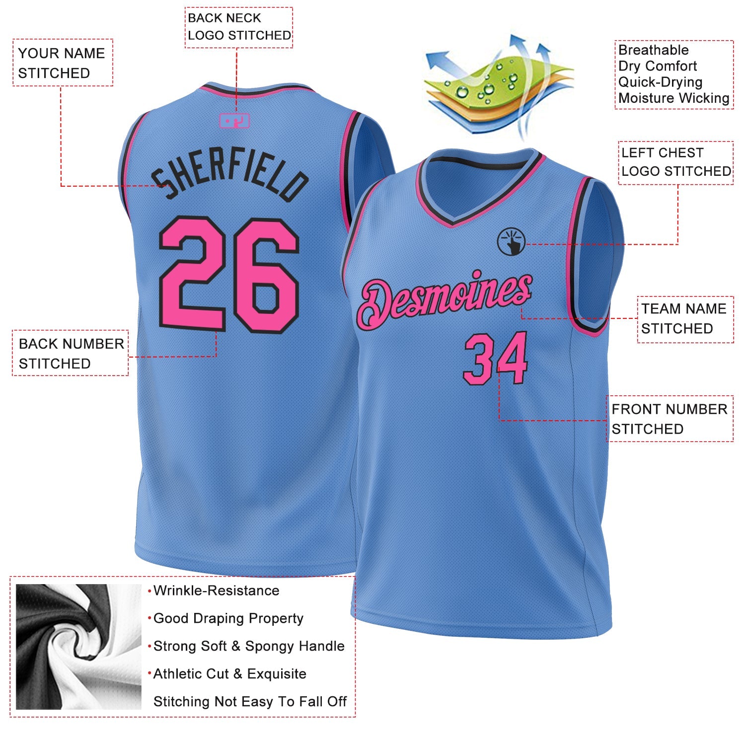 Custom Light Blue Pink-Black Authentic Throwback Basketball Jersey view 3