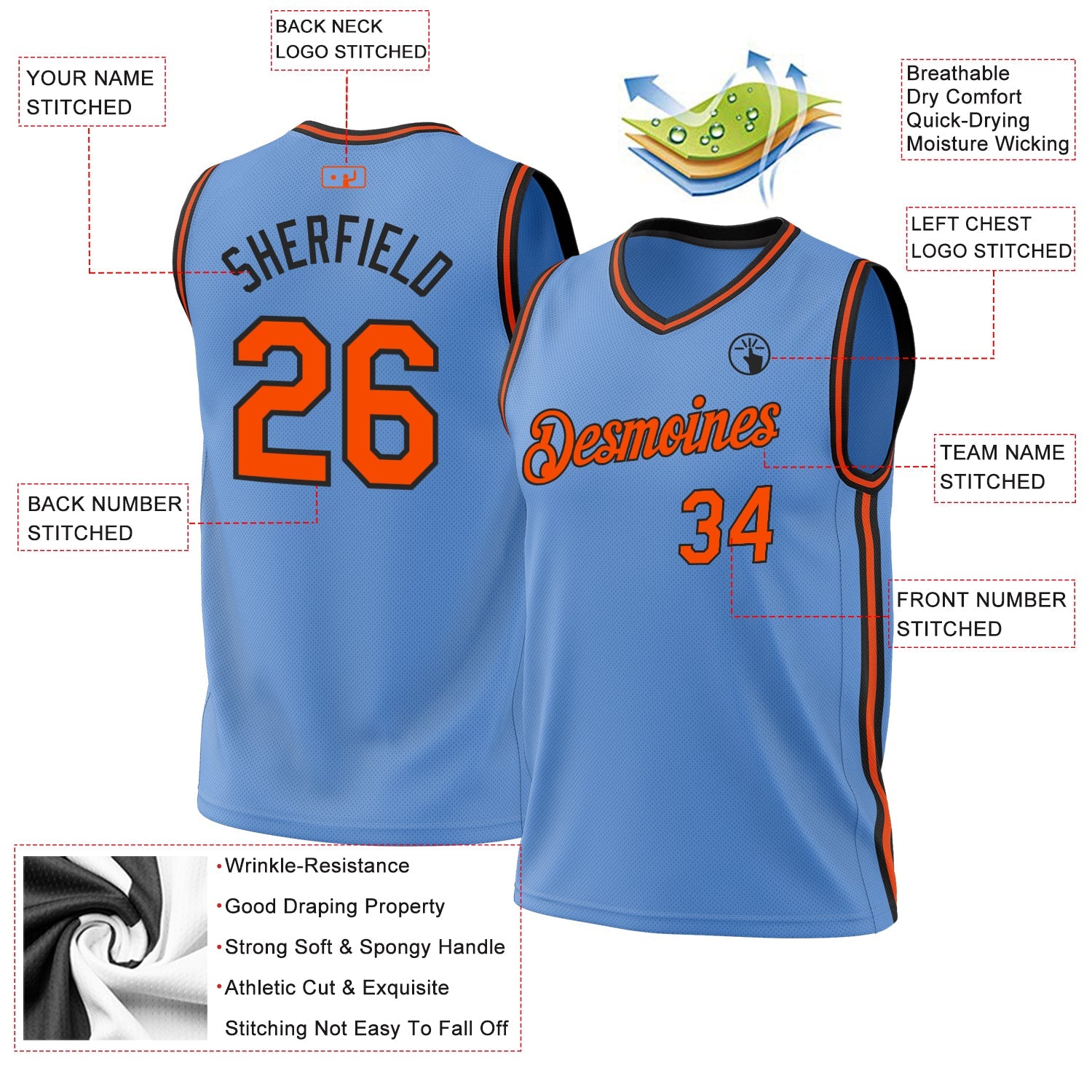 Custom Light Blue Orange-Black Authentic Throwback Basketball Jersey view 3