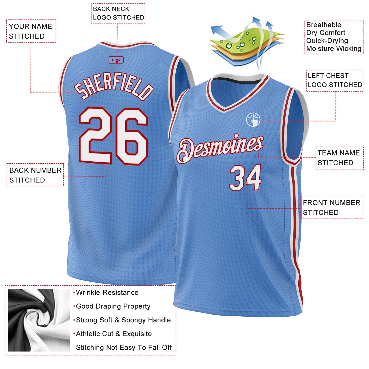 Custom Light Blue White-Red Authentic Throwback Basketball Jersey view 3