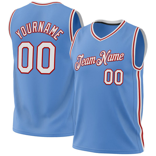 Custom Light Blue White-Red Authentic Throwback Basketball Jersey - Main View