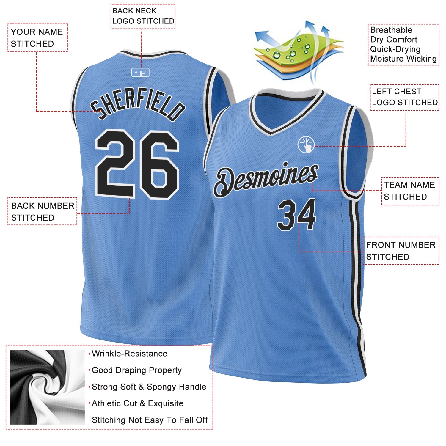 Custom Light Blue Black-White Authentic Throwback Basketball Jersey view 3