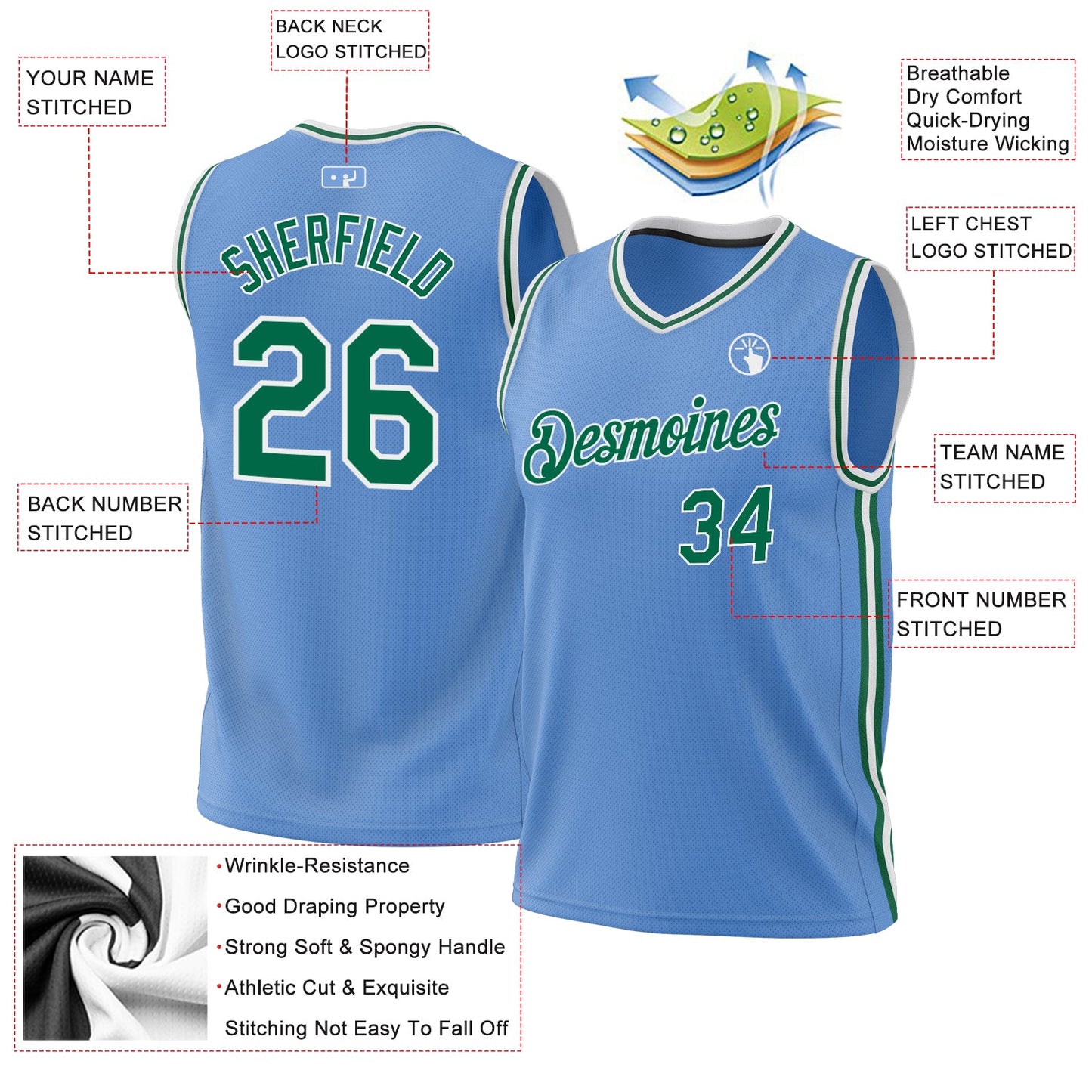 Custom Light Blue Kelly Green-White Authentic Throwback Basketball Jersey view 3