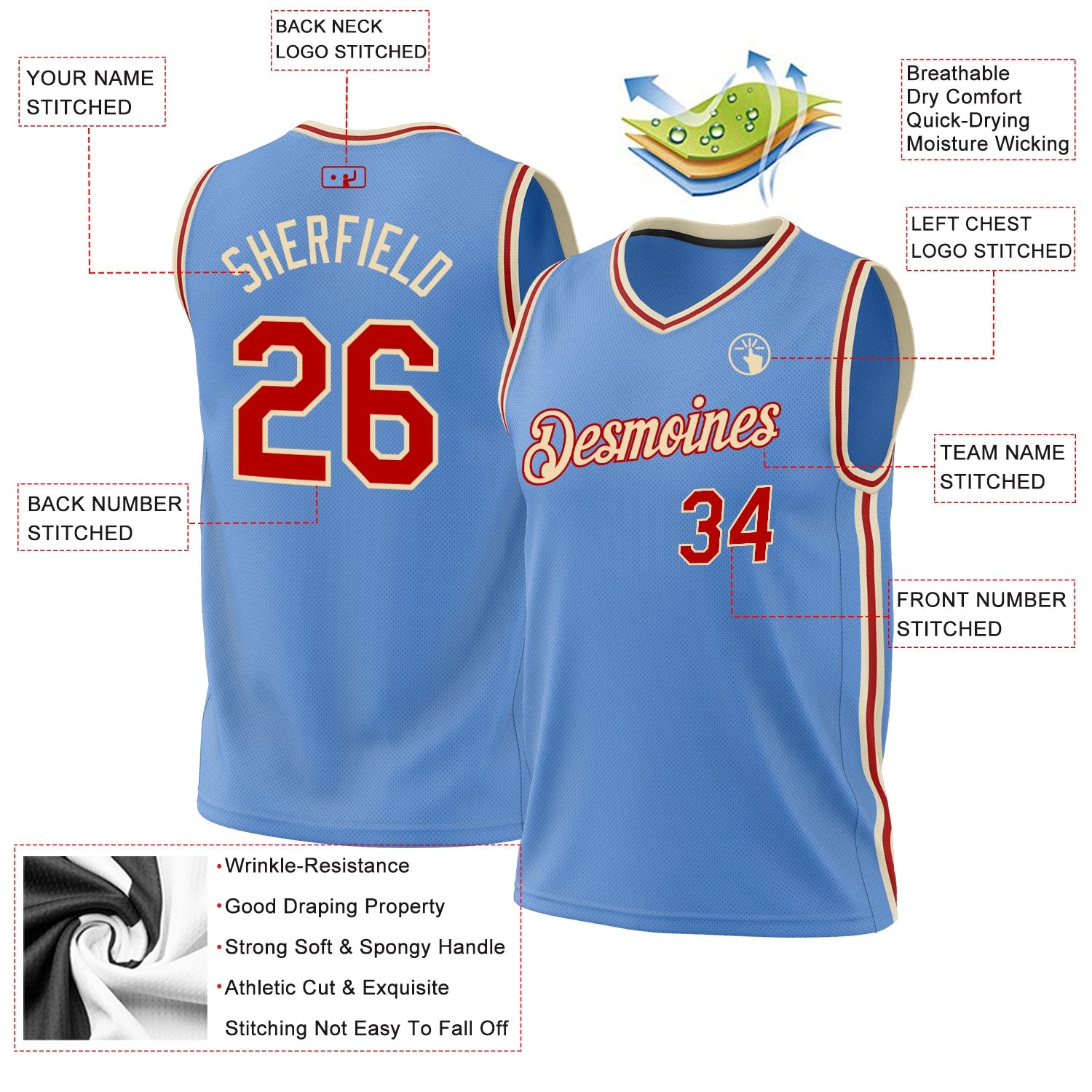 Custom Light Blue Red-Cream Authentic Throwback Basketball Jersey view 3