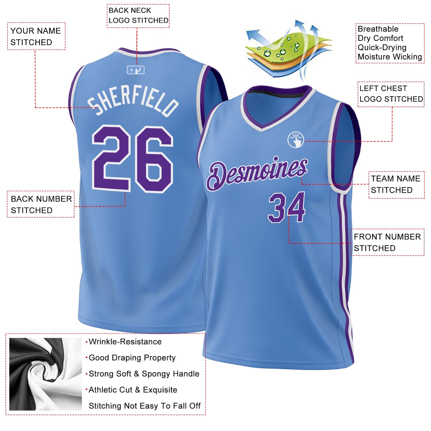 Custom Light Blue Purple-White Authentic Throwback Basketball Jersey view 3