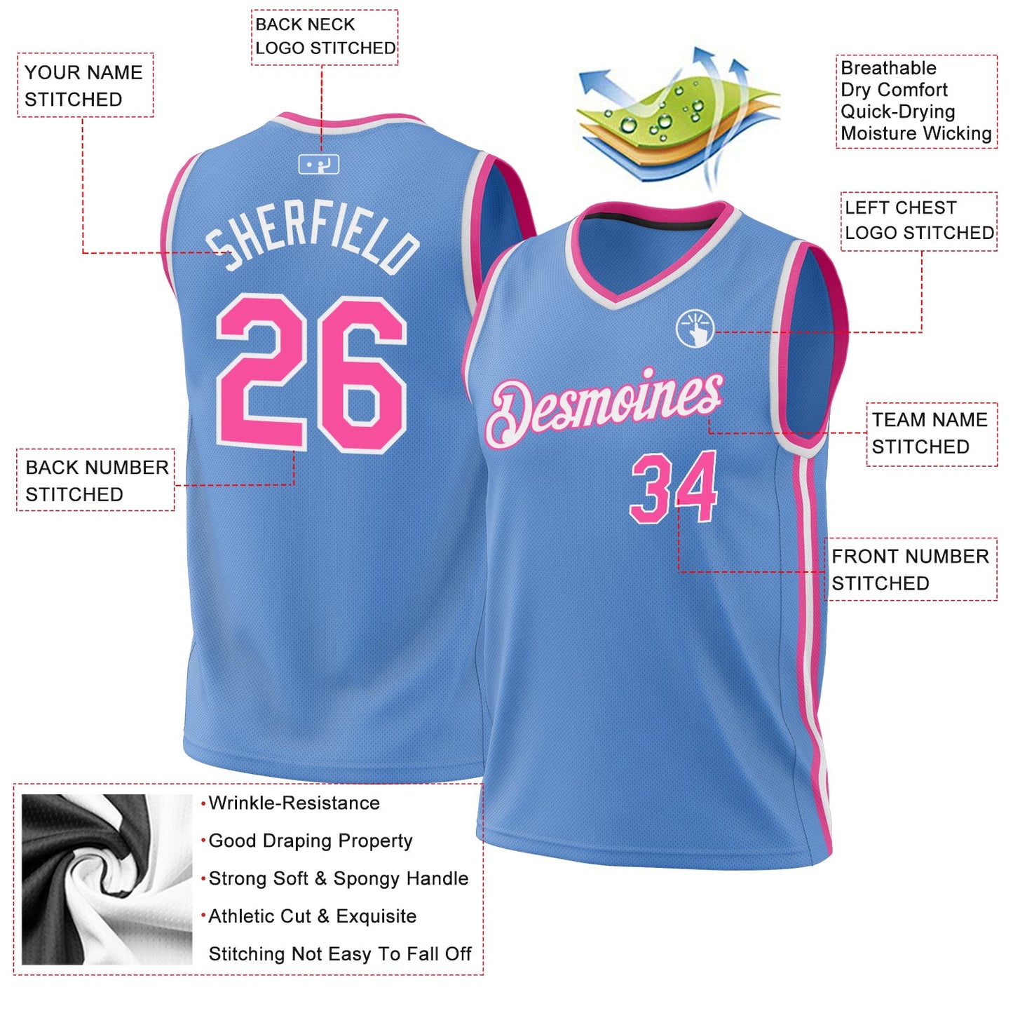 Custom Light Blue Pink-White Authentic Throwback Basketball Jersey view 3