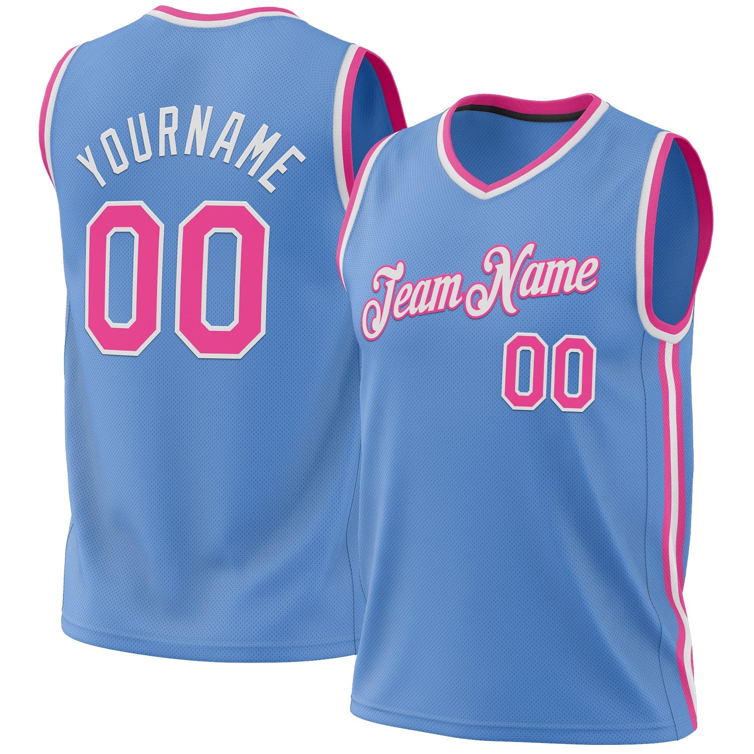 Custom Light Blue Pink-White Authentic Throwback Basketball Jersey - Main View
