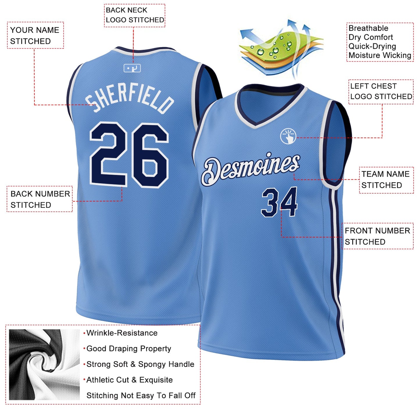 Custom Light Blue Navy-White Authentic Throwback Basketball Jersey view 3