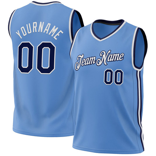 Custom Light Blue Navy-White Authentic Throwback Basketball Jersey - Main View