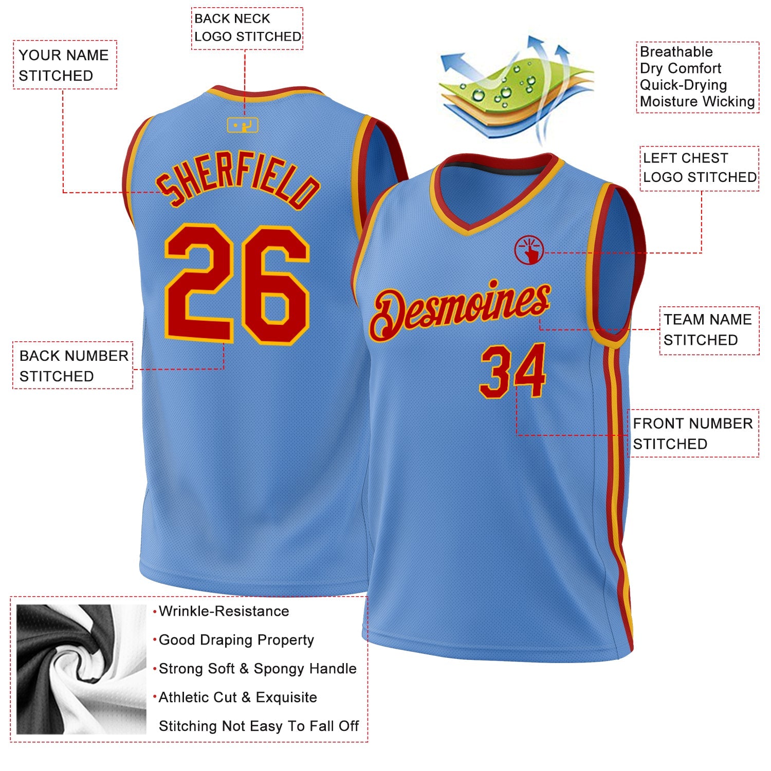 Custom Light Blue Red-Gold Authentic Throwback Basketball Jersey view 3