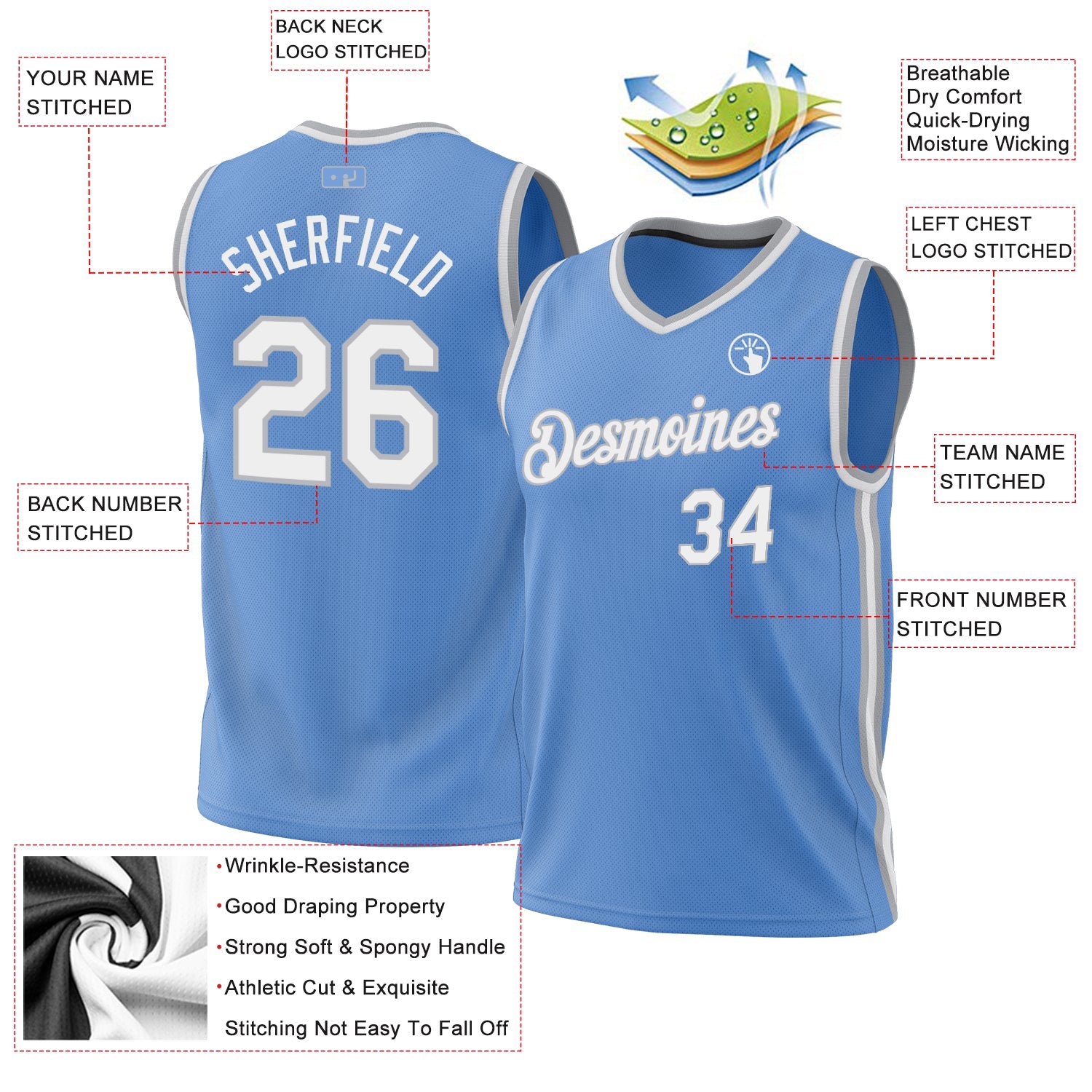 Custom Light Blue White-Gray Authentic Throwback Basketball Jersey view 3