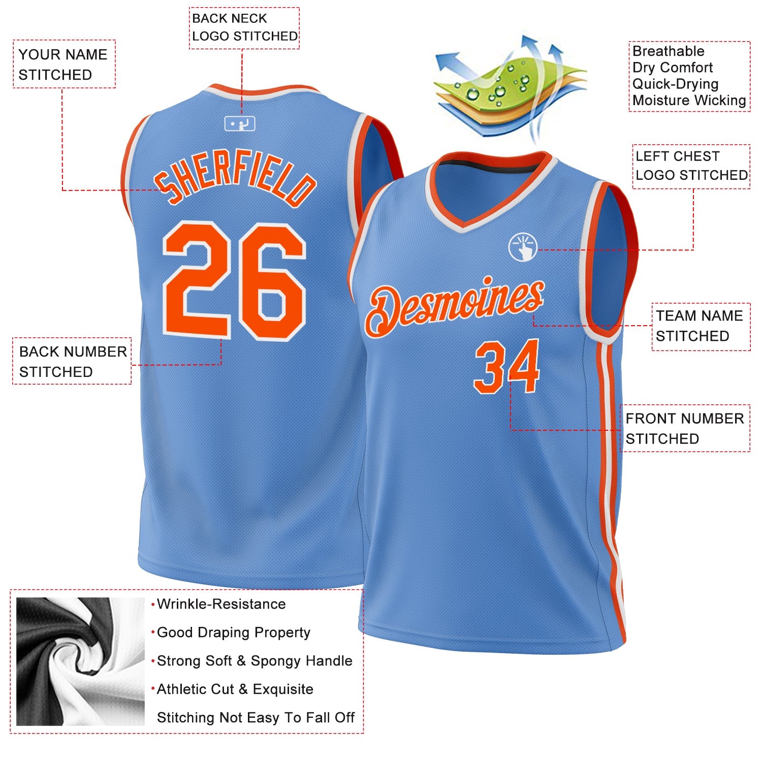 Custom Light Blue Orange-White Authentic Throwback Basketball Jersey view 3