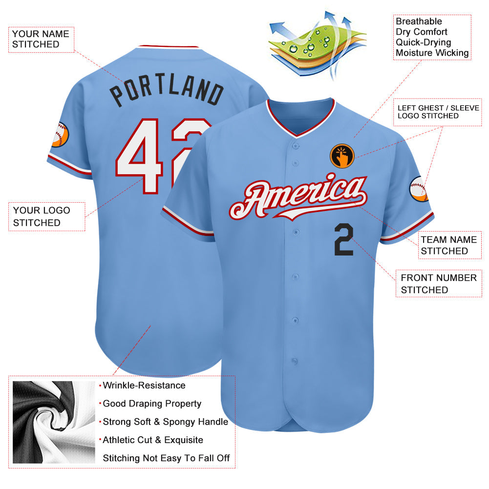 Custom Light Blue Red-Black Authentic Baseball Jersey view 3