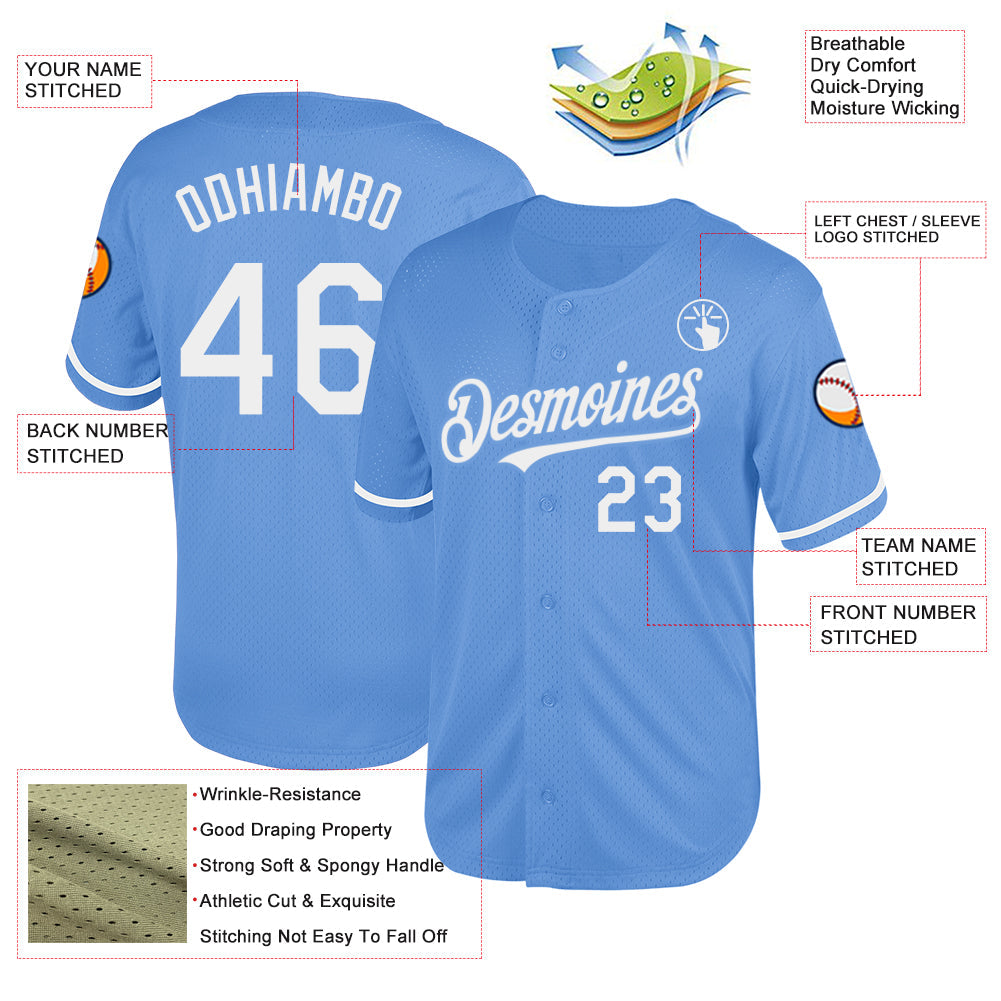 Custom Light Blue White Mesh Authentic Throwback Baseball Jersey view 3
