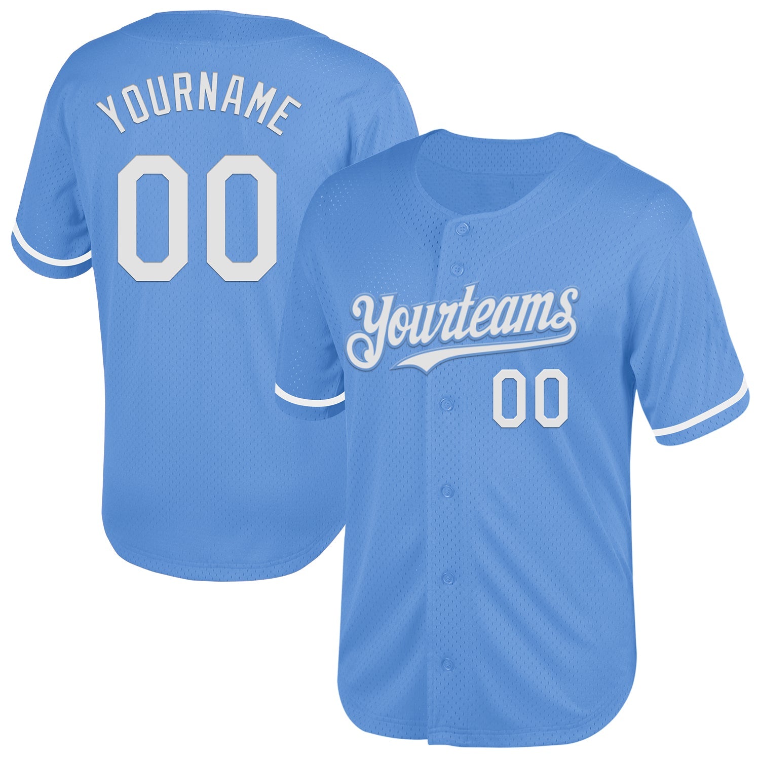 Custom Light Blue White Mesh Authentic Throwback Baseball Jersey - Main View