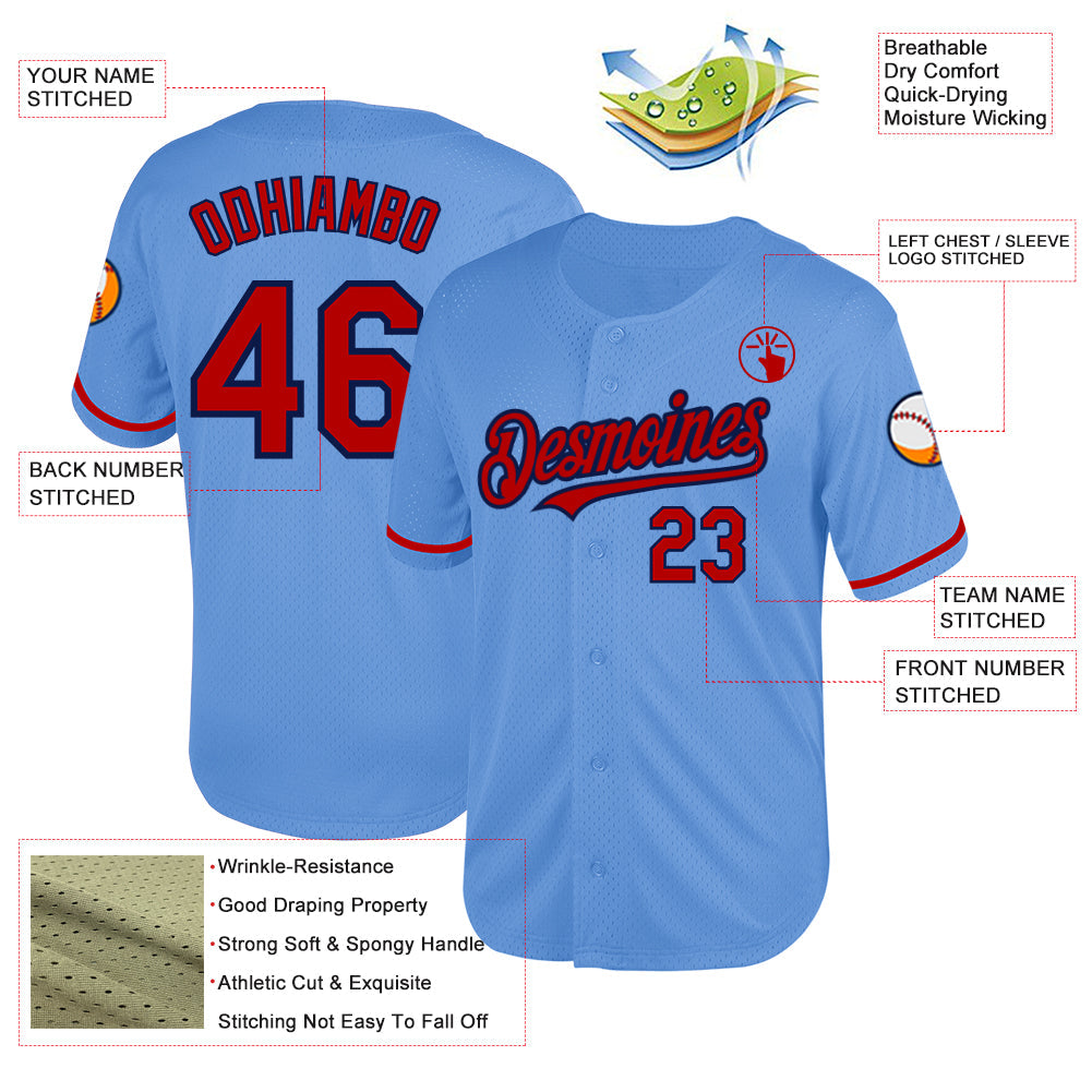 Custom Light Blue Red-Navy Mesh Authentic Throwback Baseball Jersey view 3