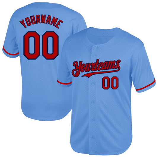 Custom Light Blue Red-Navy Mesh Authentic Throwback Baseball Jersey - Main View