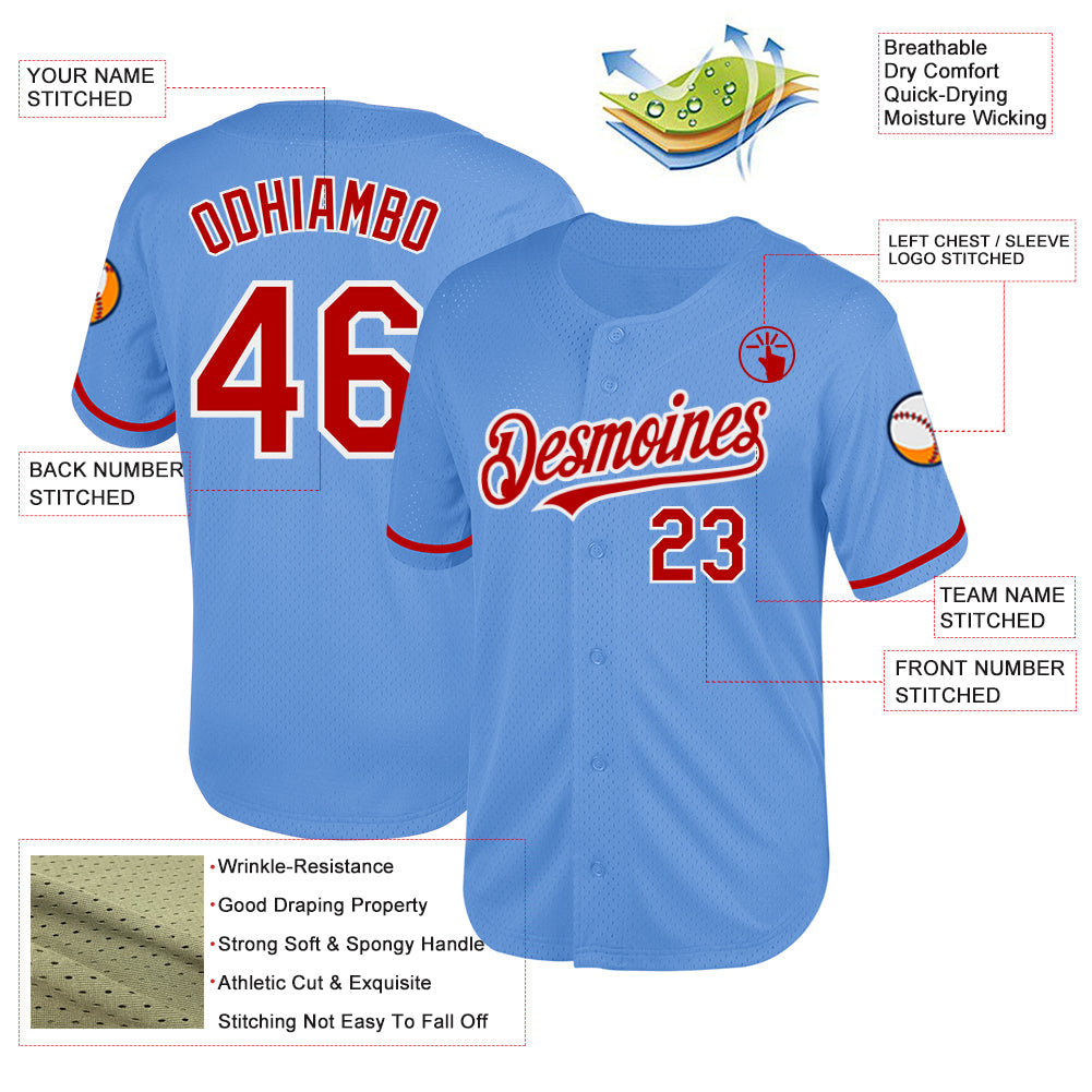 Custom Light Blue Red-White Mesh Authentic Throwback Baseball Jersey view 3