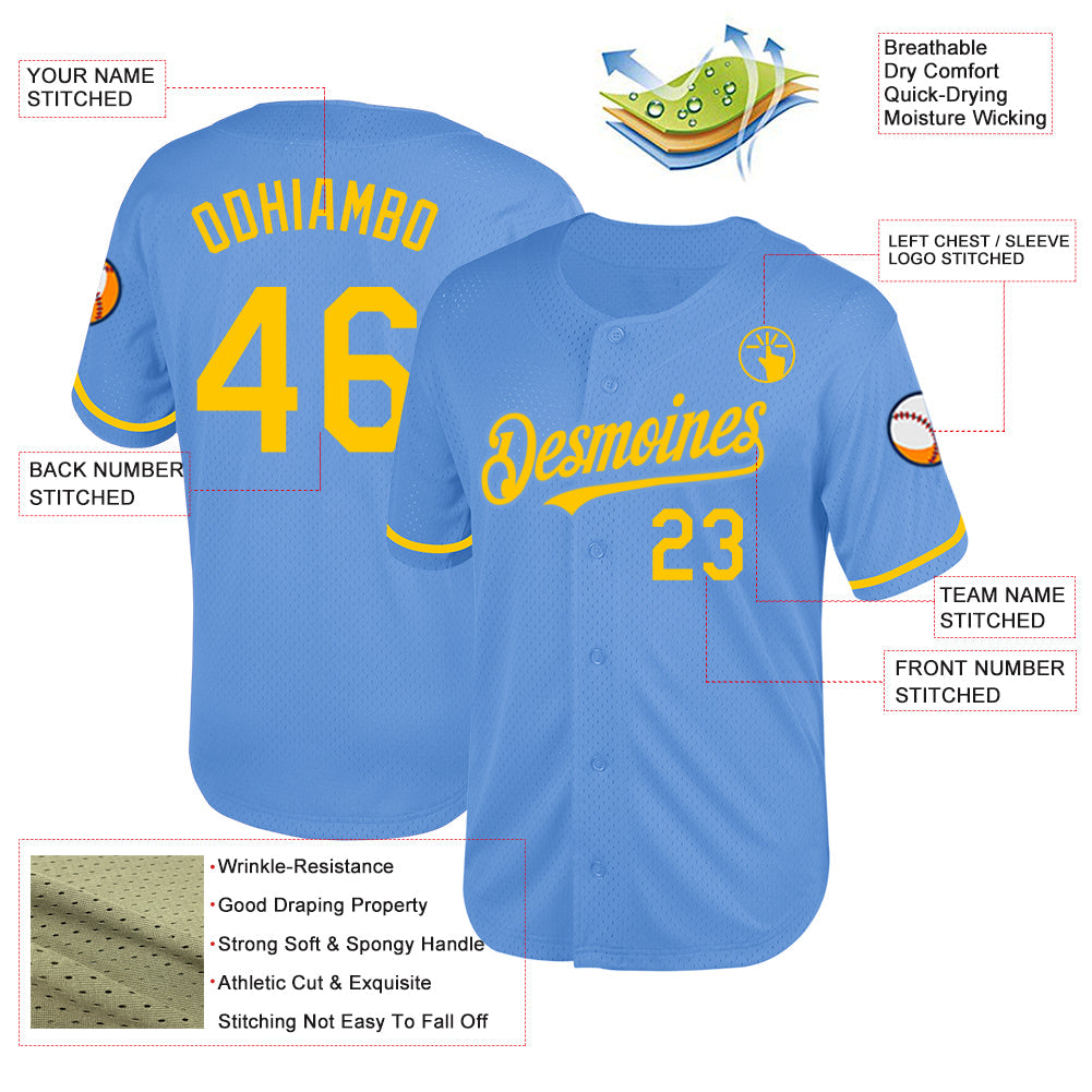 Custom Light Blue Yellow Mesh Authentic Throwback Baseball Jersey view 3