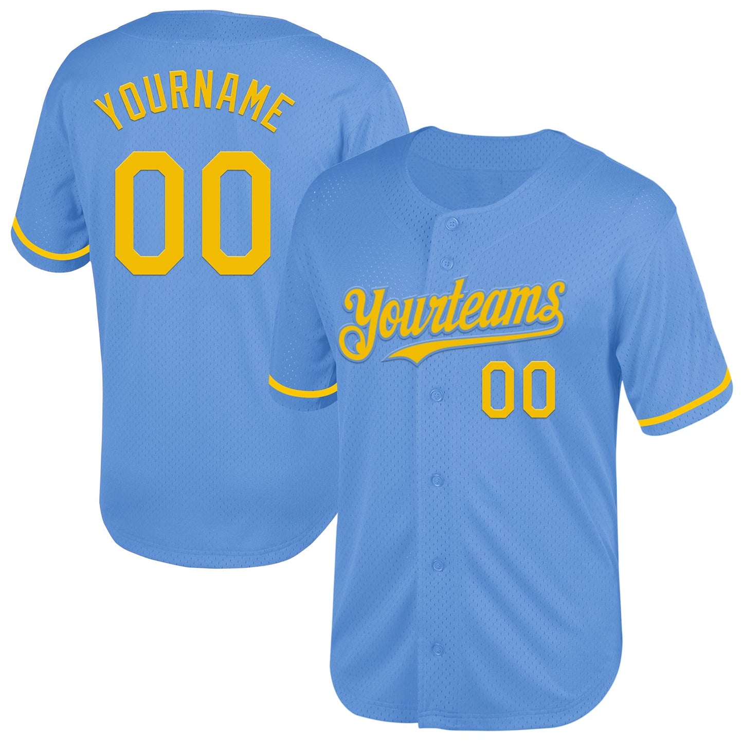 Custom Light Blue Yellow Mesh Authentic Throwback Baseball Jersey - Main View