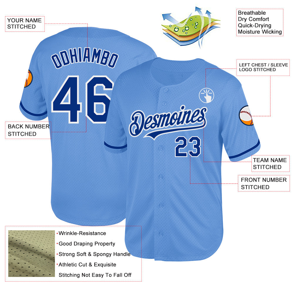 Custom Light Blue Royal-White Mesh Authentic Throwback Baseball Jersey view 3