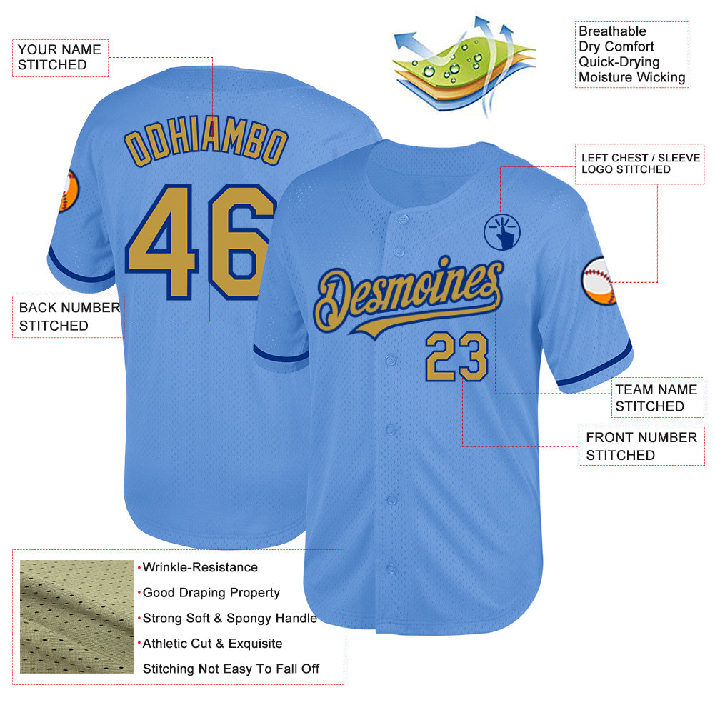 Custom Light Blue Old Gold-Royal Mesh Authentic Throwback Baseball Jersey view 3