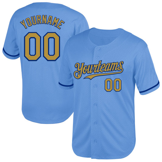 Custom Light Blue Old Gold-Royal Mesh Authentic Throwback Baseball Jersey - Main View