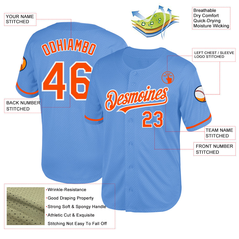Custom Light Blue Orange-White Mesh Authentic Throwback Baseball Jersey view 3