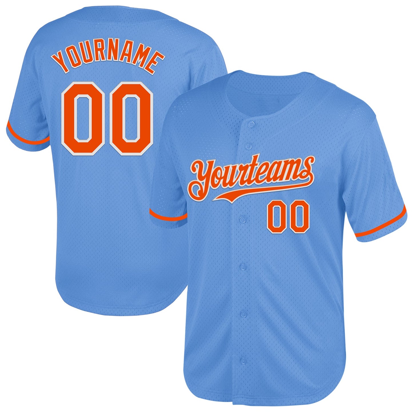 Custom Light Blue Orange-White Mesh Authentic Throwback Baseball Jersey - Main View