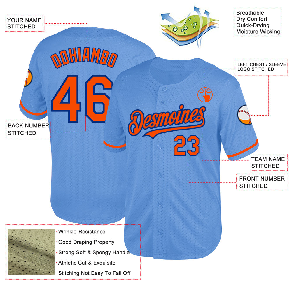 Custom Light Blue Orange-Royal Mesh Authentic Throwback Baseball Jersey view 3