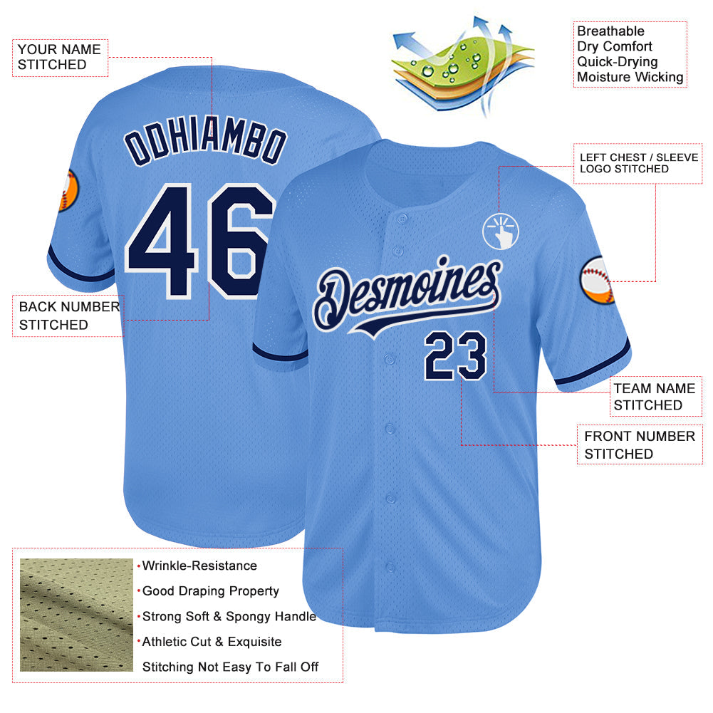 Custom Light Blue Navy-White Mesh Authentic Throwback Baseball Jersey view 3