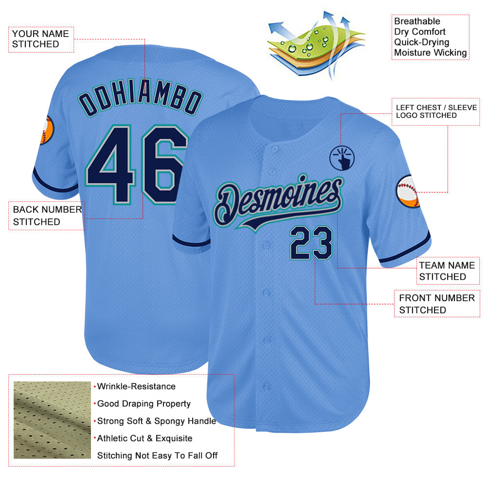 Custom Light Blue Navy Gray-Teal Mesh Authentic Throwback Baseball Jersey view 3