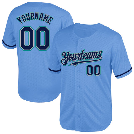 Custom Light Blue Navy Gray-Teal Mesh Authentic Throwback Baseball Jersey - Main View