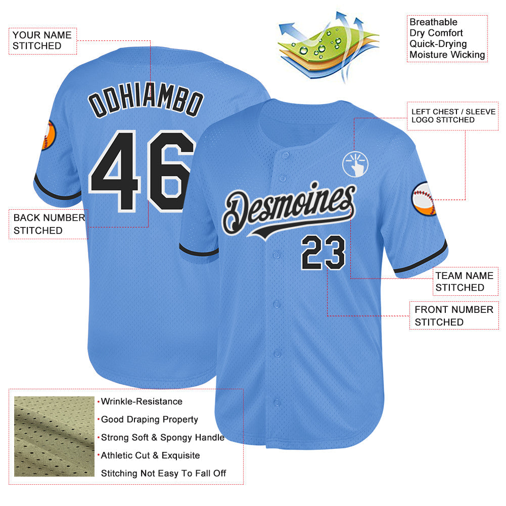 Custom Light Blue Black-White Mesh Authentic Throwback Baseball Jersey view 3