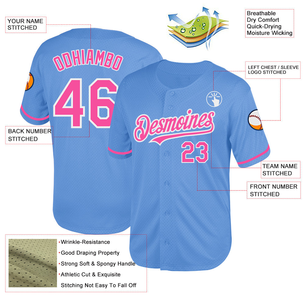 Custom Light Blue Pink-White Mesh Authentic Throwback Baseball Jersey view 3
