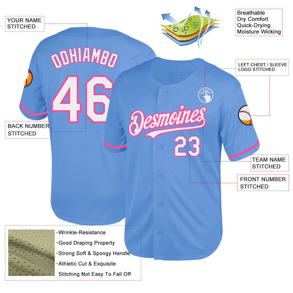Custom Light Blue White-Pink Mesh Authentic Throwback Baseball Jersey view 3