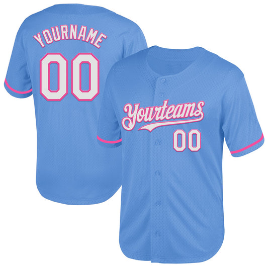 Custom Light Blue White-Pink Mesh Authentic Throwback Baseball Jersey - Main View