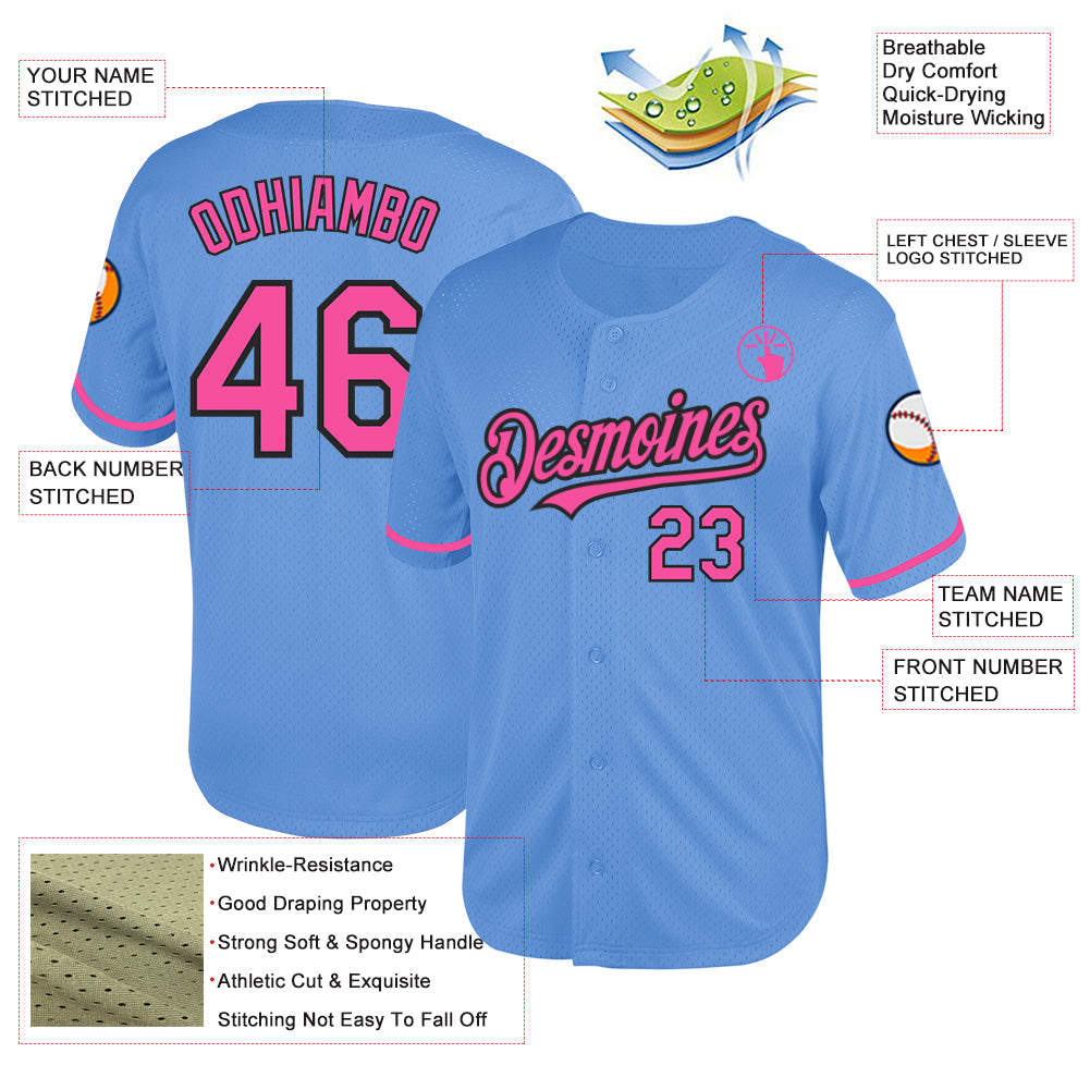 Custom Light Blue Pink-Black Mesh Authentic Throwback Baseball Jersey view 3