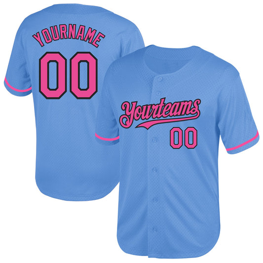 Custom Light Blue Pink-Black Mesh Authentic Throwback Baseball Jersey - Main View